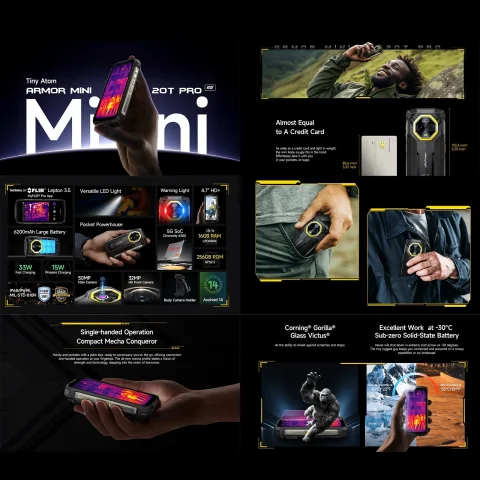 Ulefone Armor Mini 20T Pro teléfono resistente 8GB + 256GB 4,7 "pantalla 6200mAh MediaTek Dimensity 6300 Android 14 33W 5G Smartphone