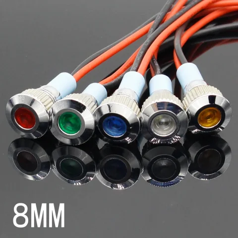 Luz indicadora LED de Metal, lámpara de señal impermeable de 8mm, luz de punto con cable rojo, amarillo, azul, verde y blanco