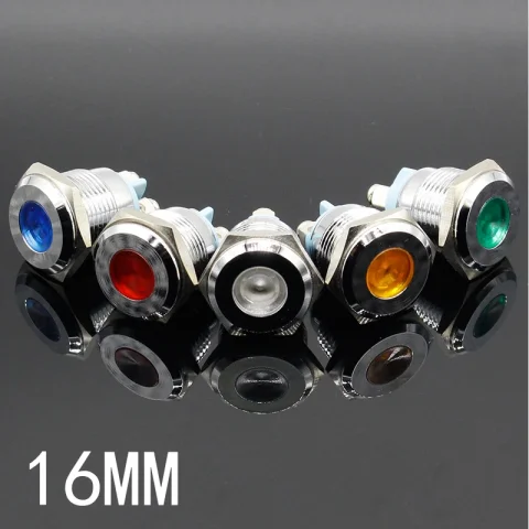 Luz indicadora LED de Metal, lámpara de señal impermeable de 16mm, 3V, 6V, 12V, 24V, 220v, tornillo de conexión rojo, amarillo, azul y blanco