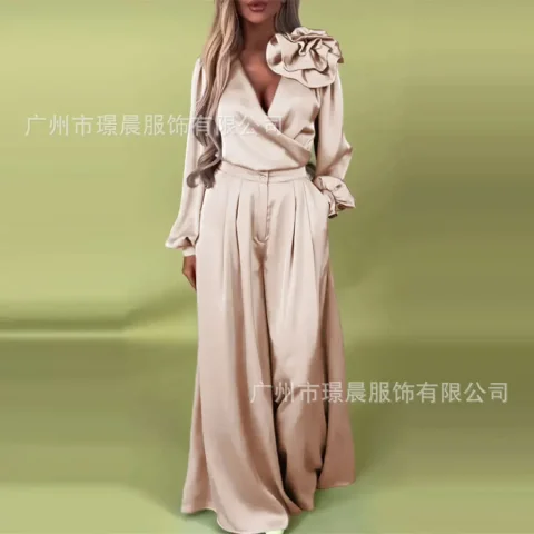 Conjunto de pantalones para mujer, conjuntos de dos piezas con cuello en V, conjuntos a juego, Tops ajustados florales, pantalones largos de pierna ancha, cintura alta Y2k, elegante Retro 2025