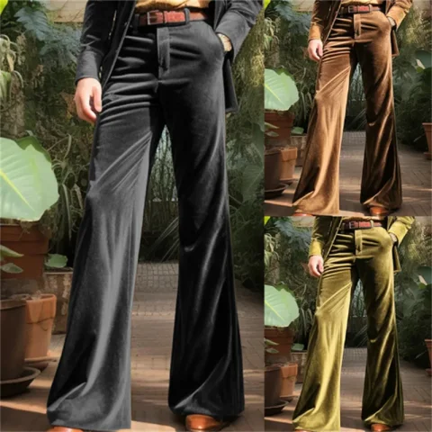 Pantalones formales para hombre, pantalones acampanados de terciopelo dorado, pantalones casuales cómodos de cintura alta de otoño, pantalones de pierna ancha a la moda, pantalones para correr