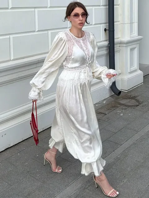 Conjunto de Pantalón y Blusa para Mujer, Satén con Encaje, Cuello Redondo, Manga Larga Abullonada, Botones Frontales, Cintura con Cordón, Blusa con Puños y Volantes, Pantalones Elegantes