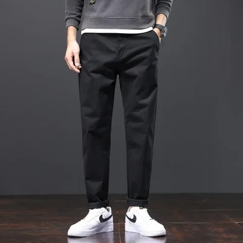 Pantalones rectos de algodón para hombre, Pantalón elástico, ajustado, informal, talla grande 42 44 46, negro, caqui, azul 3