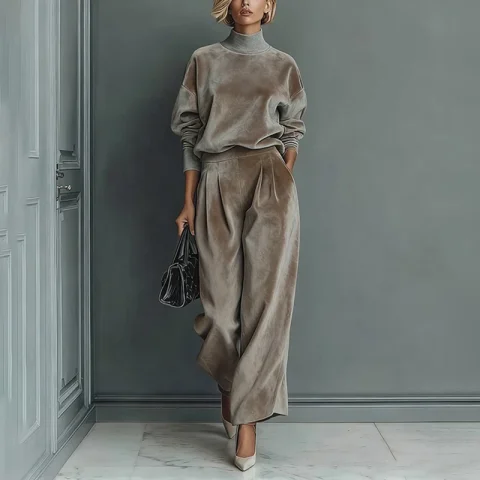 Conjuntos de pantalones con bolsillo para otoño e invierno, trajes de terciopelo dorado de estilo deportivo informal a la moda, trajes de viaje holgados de Color sólido elegantes para mujer