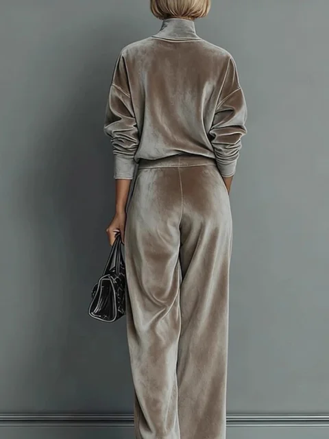 Conjuntos de pantalones con bolsillo para otoño e invierno, trajes de terciopelo dorado de estilo deportivo informal a la moda, trajes de viaje holgados de Color sólido elegantes para mujer 5