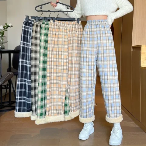Pantalones cálidos a cuadros para mujer, pantalones de pierna ancha holgados de M-L, Pantalones rectos Retro de gran tamaño para adolescentes, ropa de calle Unisex de Hip-Hop