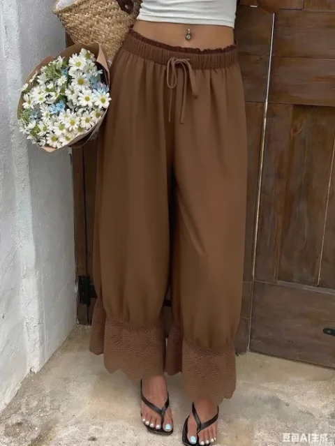 Pantalones de pierna ancha para mujer Pantalones de verano de corte suelto informal con dobladillo de encaje de poliéster blanco Pantalones de pierna ancha 4