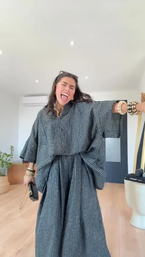Conjunto de Dos Piezas de Camisa y Pantalones a Cuadros Holgados, Blusas de Manga Tres Cuartos, Pantalones de Pierna Ancha, Traje Casual para Mujer, Moda 2026