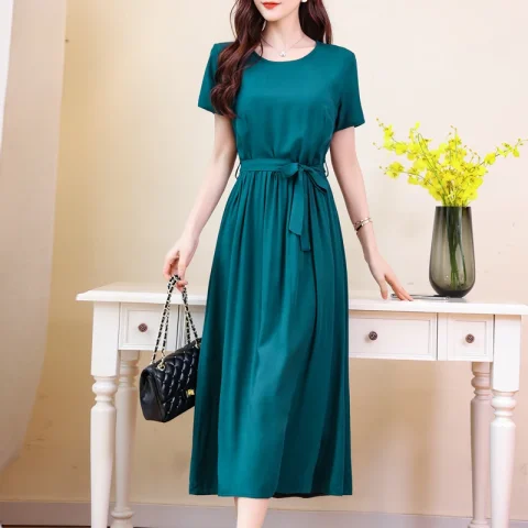 Nueva moda vestidos de verano para mujer 2025 elegante pantalón corto Casual manga Midi vestido Color sólido ropa de mujer