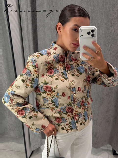 Abrigo de Moda con Estampado Floral para Mujer, Cuello Alto, Cierre de Botón, Manga Larga, Estilo Holgado, Otoño 2026, Ropa Urbana Vintage para Dama