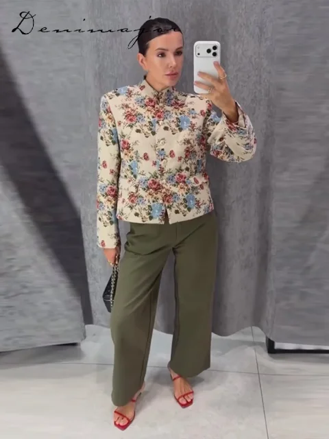 Abrigo de Moda con Estampado Floral para Mujer, Cuello Alto, Cierre de Botón, Manga Larga, Estilo Holgado, Otoño 2026, Ropa Urbana Vintage para Dama 3