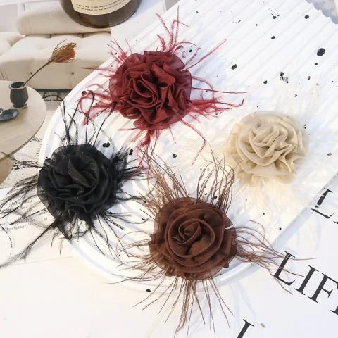 Apliques de parches de moda para bolsas de ropa, flores decorativas enrolladas en 3D, ramillete de plumas, flor para el cabello 2