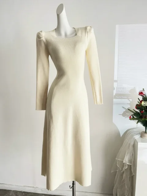 Moda francesa Casual mujer dentro de vestido largo de punto 2025 primavera nueva manga larga Vestidos de fiesta elegantes Vestidos simples Largos
