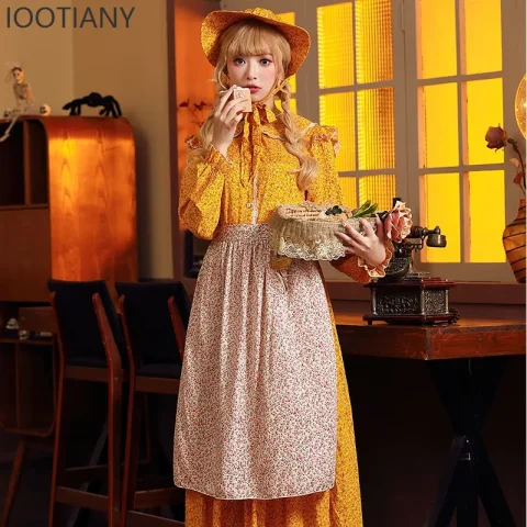 Vestido Amarillo Floral de Moda, Traje de Sirvienta con Delantal, Disfraz de Cosplay Femenino de Granjera, Disfraz de Carnaval para Damas, Estilo Campestre Europeo