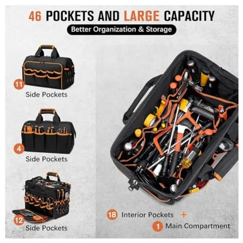 Kit de herramientas portátil de gran capacidad de 17 pulgadas, 46 bolsillos con correa para el hombro, organizador de herramientas resistente al desgaste, kit de herramientas impermeable