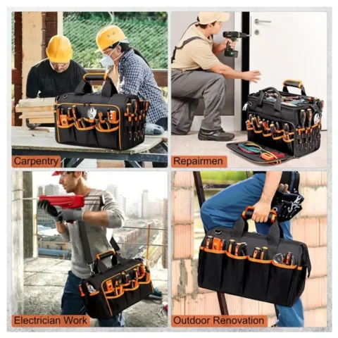 Kit de herramientas portátil de gran capacidad de 17 pulgadas, 46 bolsillos con correa para el hombro, organizador de herramientas resistente al desgaste, kit de herramientas impermeable