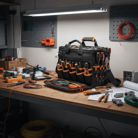 Kit de herramientas portátil de gran capacidad de 17 pulgadas, 46 bolsillos con correa para el hombro, organizador de herramientas resistente al desgaste, kit de herramientas impermeable 5