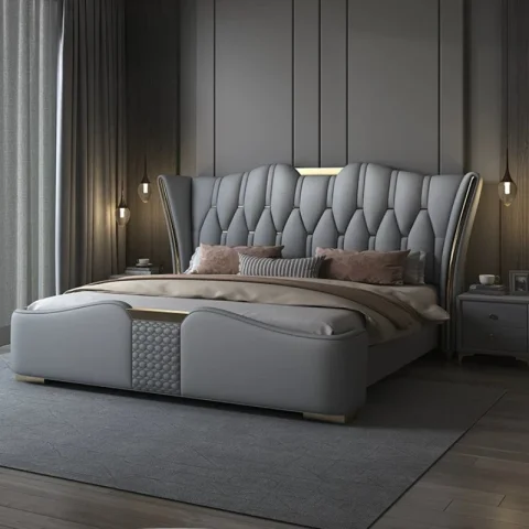 Cama de cuero genuino de lujo ligero italiano con cabecero alto acolchado, cama doble de 1.8m/2m para dormitorio principal o habitación de bodas. 3