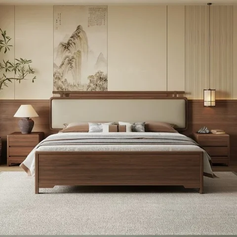 Muebles de Dormitorio, Cama de Madera Maciza de Nogal de 1.8 Metros, Cama Grande para Recámara Principal, Estructura de Cama Moderna y Sencilla, Cama Doble Suave para Bodas