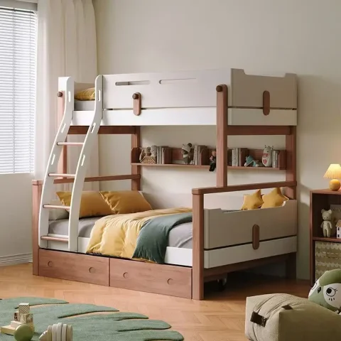 Cama litera de madera maciza con escaleras y cajones de almacenamiento, barandilla de seguridad, cama litera para niños y adolescentes, muebles para dormitorio de niños y niñas 4