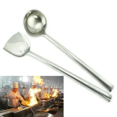 Utensilios de cocina resistentes al calor, espátula grande de metal, cucharas giratorias de acero inoxidable, utensilios de cocina con mango de acero, utensilio de cocina