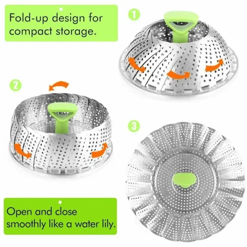 Cesta de vapor plegable de acero, vaporera telescópica para pescado y verduras, V0B3 1