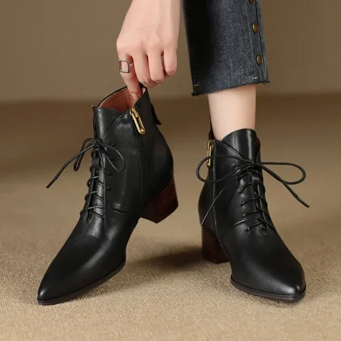 Nuevas botas de otoño para mujer, botas de tacón grueso con punta estrecha, zapatos de cuero genuino para mujer, botines con cordones, ugelliзаки жletiе оь 5