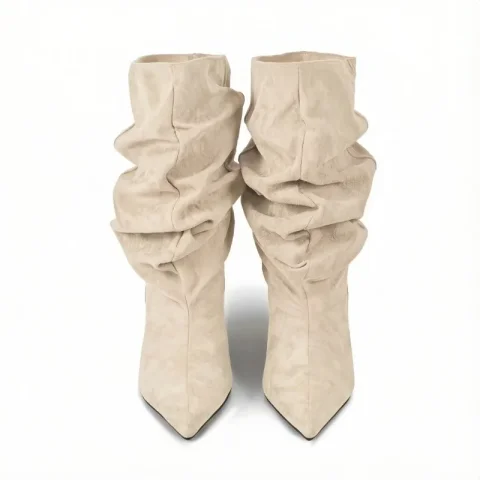 Botas de media caña de gamuza con tacón inclinado y diseño retro europeo y americano, plisadas y de caña ancha, versátiles para mujer. 3