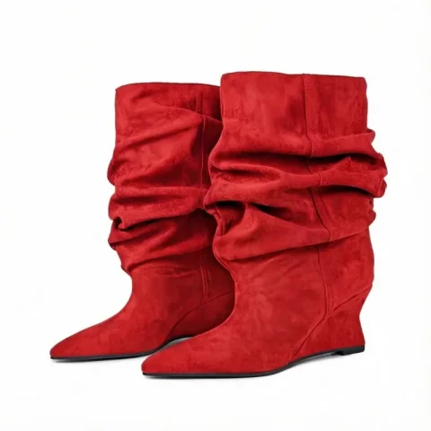 Botas de media caña de gamuza con tacón inclinado y diseño retro europeo y americano, plisadas y de caña ancha, versátiles para mujer. 4