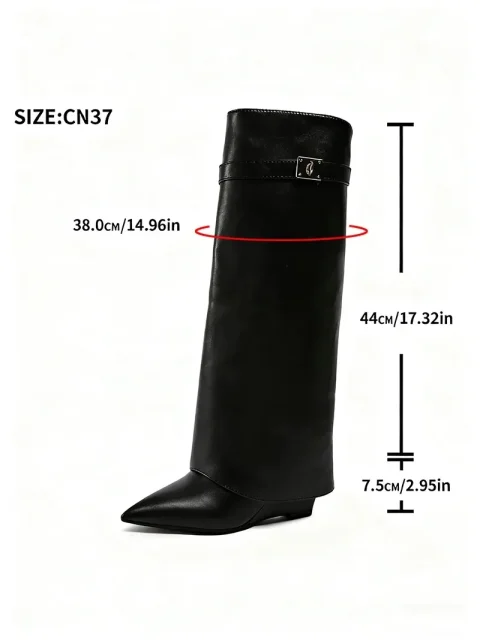 Botas altas hasta la rodilla negras con tacón de cuña Y2K para mujer, tendencia 2026, botas largas con hebilla metálica de diseñador, zapatos de invierno sexys de talla grande para mujer 4