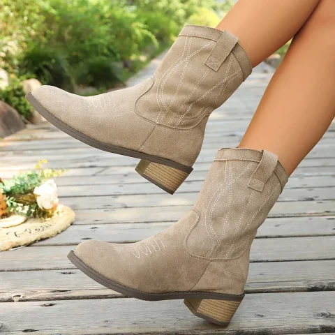 Botas de Tobillo Occidentales Bordadas de Moda para Mujer, Otoño 2026, Punta Puntiaguda, Tacón Alto, Botas Vaqueras de Mujer, Color Marrón, Gamuza Sintética, Botas Cortas 3