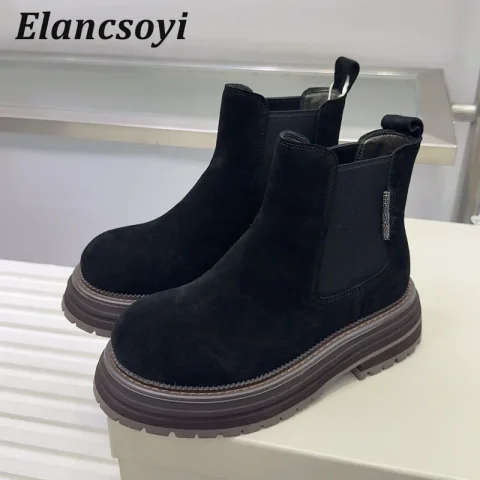 Botas Chelsea de Mujer de Gamuza con Punta Redonda, Cordones y Plataforma, Botines de Otoño Invierno con Suela Gruesa, Estilo Británico, Botas Cortas