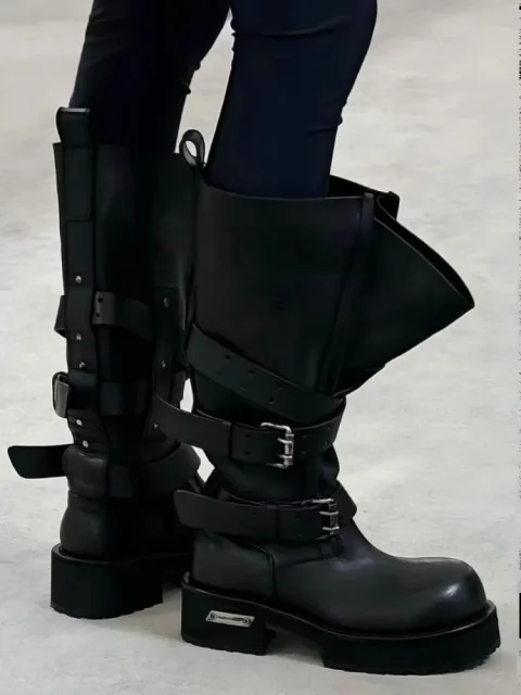 Botas de Motocicleta de Cuero Negro con Hebilla de Cinturón, Botas Largas con Punta Invertida Estilo París, Botas Altas Hasta la Rodilla Retro Vintage para Hombre y Mujer