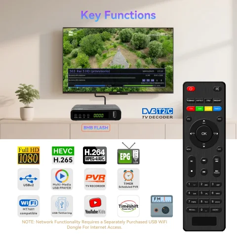 Receptor de TV DVB-T2 H.265 2026 Nuevo para la UE, España e Italia, 1080P HD, Transmisión de Video Digital Terrestre, Receptor de TV Satelital Meecast