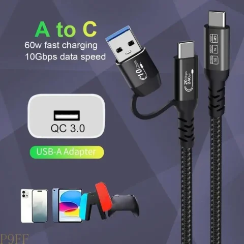 CS1W USB C 3,2 extensión datos 20Gbps USB A a C 10Gbps Cable desmontable macho a macho 240W carga rápida conexión datos