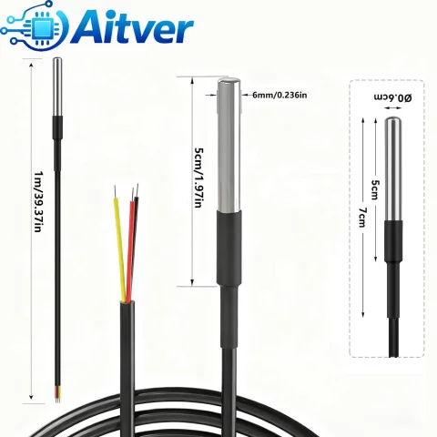DS18B20 Sonda con sensor de temperatura a prueba de agua 1M 2M 3M 5M 10M Cable de 3 cables Termómetro digital para Arduino ESP32 Raspberry Pi 3