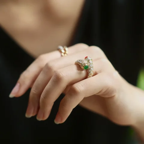 Anillo Retro Vintage de oro de 18K, anillos redimensionables de Esmeralda y rubí de laboratorio, anillo de dedo antiguo para fiesta de cóctel, regalo de fiesta, joyería fina
