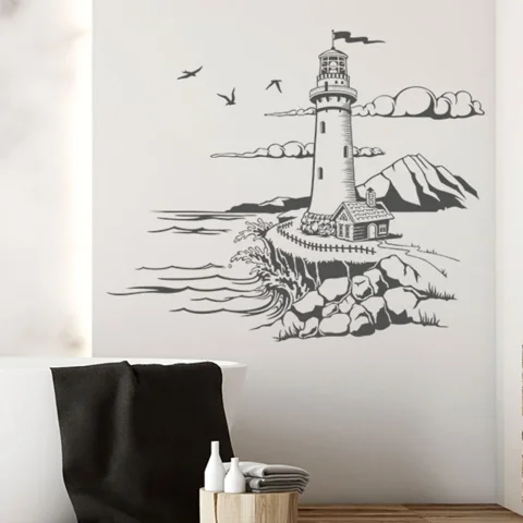 Pegatina de pared de dibujos animados, faro junto al mar, Pájaro de viaje, Baño, Dormitorio, aventura, Explore, calcomanía de pared, decoración de sala de estar