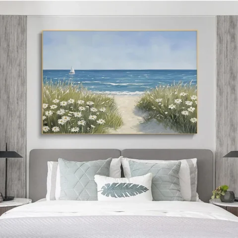 Póster de tabla de surf con velero de tulipán, faro de playa y océano costero, pintura en lienzo, imagen artística de pared impresa para decoración del hogar y la sala de estar