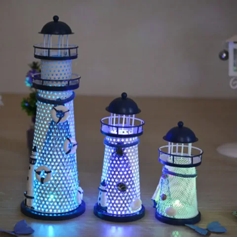 Faro náutico con forma de mar, red de pesca, concha de estrella de mar, torre de baliza de Metal, adornos, figuritas, manualidades, decoración del hogar