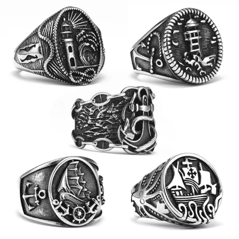 Ancla faro océano marinero barco hombres anillos de acero inoxidable Punk Vintage cosas geniales joyería de moda para mujeres regalo al por mayor