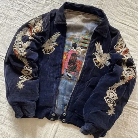 Chaqueta Bordada Negra y Azul Marino para Hombre y Mujer, con Detalles de Dragón y Águila, Estilo Urbano, Casual, de Moda, Corte Holgado, Terciopelo Suave, Y2K