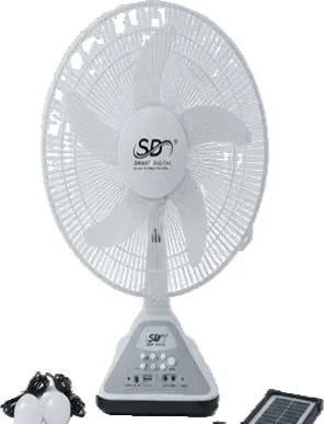 VENTILADOR RECARGABLE 12" AUTONOMIA DE 4H A 6H PANEL SOLAR PARA CARGA 2 BOMBILLOS LED 2 VELOCIDADES