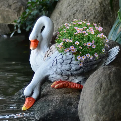 Estatua de fuente de ganso para jardín, maceta de animales para exteriores, adornos fluidos para Patio, exhibición de bonsái de paisaje de Hotel, macetero rústico 2