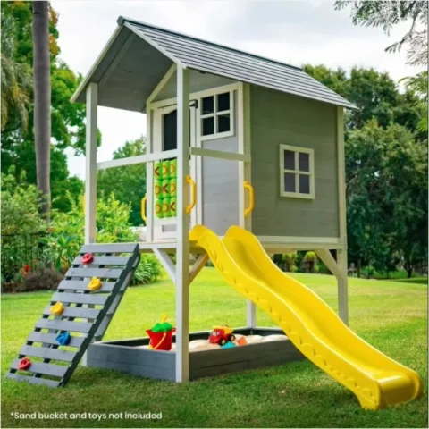 Casita de Juegos de Madera para Niños, para Jardín o Patio Exterior, con Tobogán y Caja de Arena 2