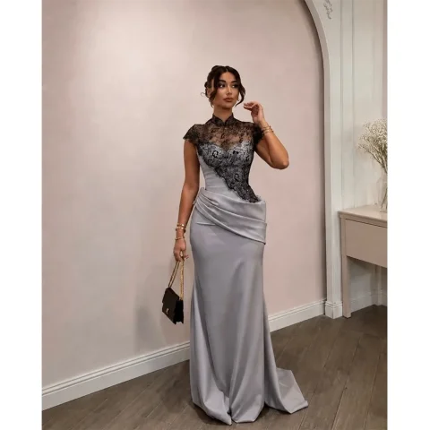 Elegantes Vestidos de Noche Formales para Mujer, Corte Tubo, Cuello Alto, Mangas Cortas, Largos y Elegantes para Fiestas 4