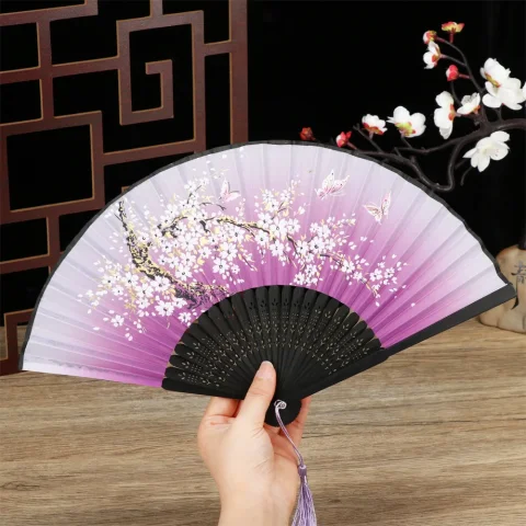 Abanico plegable de bambú para mujer, abanico de estilo chino antiguo, portátil, elegante, con flores, para verano