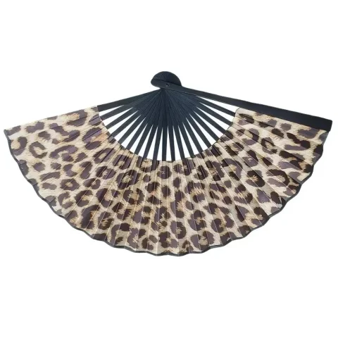 Abanico plegable con estampado de leopardo para mujer, abanico de danza clásica grande con marco negro, portátil, elegante, plegable a mano, regalos de fiesta