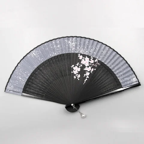 Abanico plegable de seda japonés chino, abanico de baile clásico con vástago de madera, borla de alta calidad, elegante, femenino, decoración del hogar