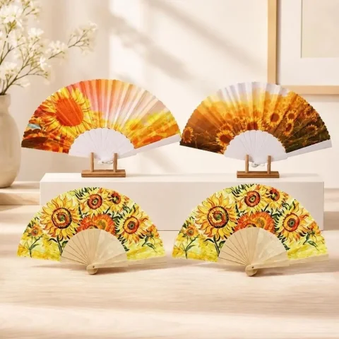 Abanico Plegable de Girasol, Artesanía Artística, Diseño Hecho a Mano, Abanico de Baile, Plegable, Retro, Decorativo para el Hogar